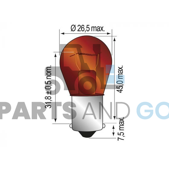 Lampe - Ampoule poirette orange BAU15S, 12volts, 21w diamètre 26,5mm - Parts & Go
