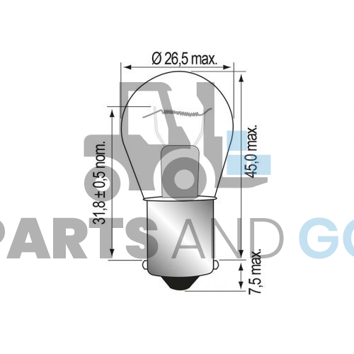 Lampe 1 Filament,BA15S, 48Volts, 25W, diamètre 26.5mm, hauteur 52.5mm - Parts & Go